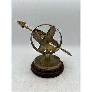 Vintage Brass Arrow Globe Armillary Sphere Nautical Desk Office Wood Base 6.5”